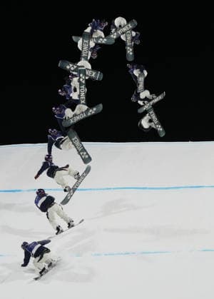 Milan Cortina Olympics: Snowboard Composite photo shows Japan s Kira Kimura competing en route to winning the men s snowboard big air gold at the Milan Cortina Olympics at Livigno Snow Park in Livigno, Italy, on Feb. 7, 2026.  A14AA0005254998P