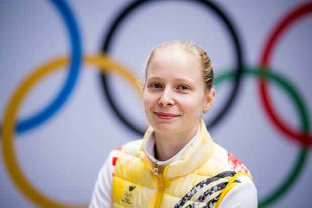 Belgian shorttrack skater Tineke den Dulk pictured during a press conference, PK, Pressekonferenz at the Milano Cortina 2026 Olympic Winter games, Winterspiele,Spiele, Summer games on Sunday 08 February 2026 in Milan, Italy. The XXV Winter Olympics take place from 6 to 22 February 2026 in Italy. JASPERxJACOBS  x161927586x