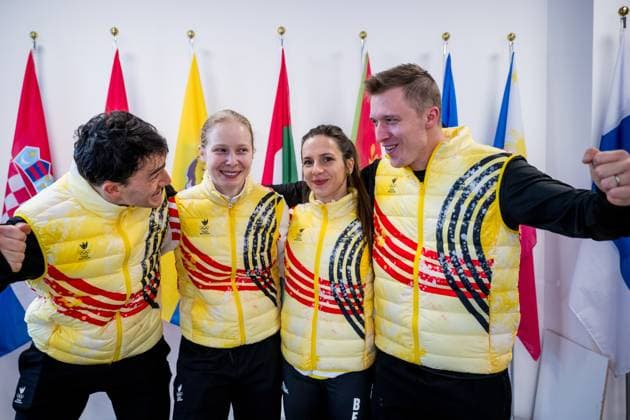 Belgian shorttrack skater Stijn Desmet, Belgian shorttrack skater Tineke den Dulk, Belgian shorttrack skater Hanne Desmet and Belgian shorttrack skater Ward Petre pictured during a press conference, PK, Pressekonferenz at the Milano Cortina 2026 Olympic Winter games, Winterspiele,Spiele, Summer games on Sunday 08 February 2026 in Milan, Italy. The XXV Winter Olympics take place from 6 to 22 February 2026 in Italy. JASPERxJACOBS  x161928570x