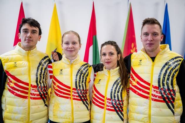 Belgian shorttrack skater Stijn Desmet, Belgian shorttrack skater Tineke den Dulk, Belgian shorttrack skater Hanne Desmet and Belgian shorttrack skater Ward Petre pictured during a press conference, PK, Pressekonferenz at the Milano Cortina 2026 Olympic Winter games, Winterspiele,Spiele, Summer games on Sunday 08 February 2026 in Milan, Italy. The XXV Winter Olympics take place from 6 to 22 February 2026 in Italy. JASPERxJACOBS  x161928601x