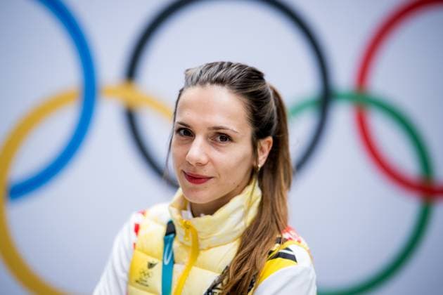 Belgian shorttrack skater Hanne Desmet pictured during a press conference, PK, Pressekonferenz at the Milano Cortina 2026 Olympic Winter games, Winterspiele,Spiele, Summer games on Sunday 08 February 2026 in Milan, Italy. The XXV Winter Olympics take place from 6 to 22 February 2026 in Italy. JASPERxJACOBS  x161928807x