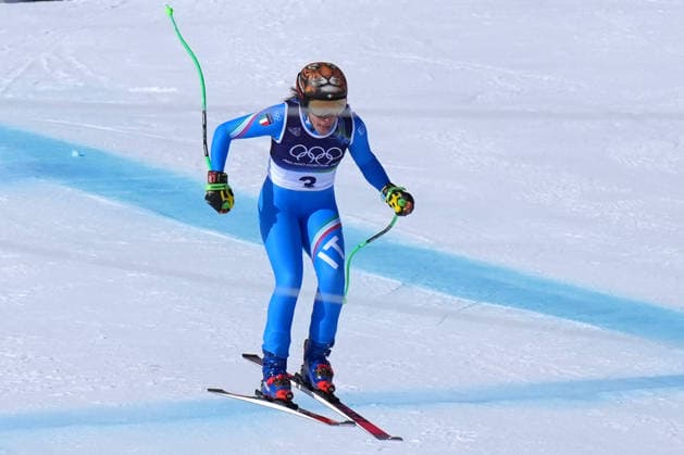 Federica Brignone at the finish line of a women s downhill alpine skiing race at the 2026 Winter Olympics in Cortina, Italy, on Saturday, February 8, 2026.  Copyright: xDavidexSpada LaPressex