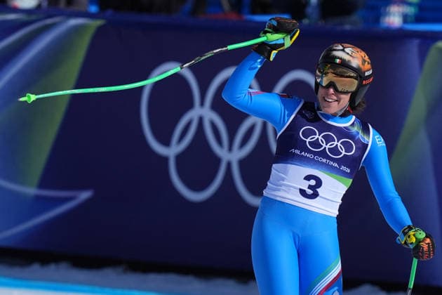 Federica Brignone at the finish line of a women s downhill alpine skiing race at the 2026 Winter Olympics in Cortina, Italy, on Saturday, February 8, 2026.  Copyright: xDavidexSpada LaPressex