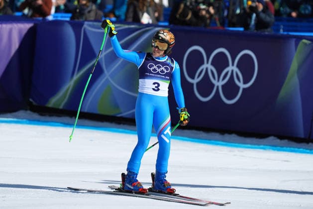 Federica Brignone at the finish line of a women s downhill alpine skiing race at the 2026 Winter Olympics in Cortina, Italy, on Saturday, February 8, 2026.  Copyright: xDavidexSpada LaPressex
