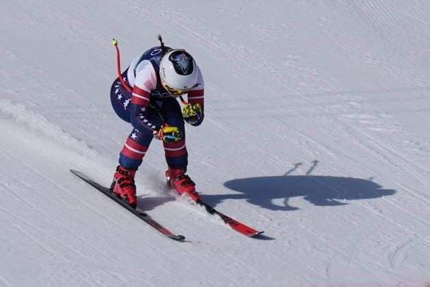 Breezy Johnson at the finish line of a women s downhill alpine skiing race at the 2026 Winter Olympics in Cortina, Italy, on Saturday, February 8, 2026.  Copyright: xDavidexSpada LaPressex