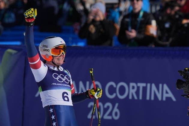 Breezy Johnson at the finish line of a women s downhill alpine skiing race at the 2026 Winter Olympics in Cortina, Italy, on Saturday, February 8, 2026.  Copyright: xDavidexSpada LaPressex