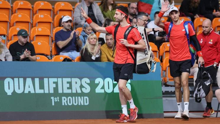 Belgian Sander Gille and Belgian Joran Vliegen arrive fora a doubles tennis match against Bulgarian pair Donski Nesterov, match 3 of the qualifier of the Davis Cup on Sunday 08 February 2026, in Plovdiv, Bulgaria. Belgium will compete this weekend in the Davis Cup qualifiers against Bulgaria. BENOITxDOPPAGNE  x161935843x
