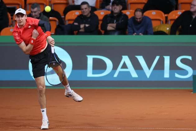 Belgian Joran Vliegen pictured in action duringa a doubles tennis match between Bulgarian Donski Nesterov and Belgian Gille Vliegen, match 3 of the qualifier of the Davis Cup on Sunday 08 February 2026, in Plovdiv, Bulgaria. Belgium will compete this weekend in the Davis Cup qualifiers against Bulgaria. BENOITxDOPPAGNE  x161935888x