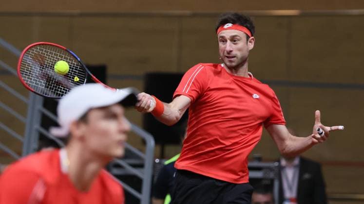 Belgian Joran Vliegen and Belgian Sander Gille pictured in action duringa a doubles tennis match against Bulgarian pair Donski Nesterov, match 3 of the qualifier of the Davis Cup on Sunday 08 February 2026, in Plovdiv, Bulgaria. Belgium will compete this weekend in the Davis Cup qualifiers against Bulgaria. BENOITxDOPPAGNE  x161935956x