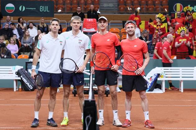 Bulgarian pair Alexander Donski - Petr Nesterov and Belgian pair Joran Vliegen - Sander Gille pose before the start of theira doubles tennis match, match 3 of the qualifier of the Davis Cup on Sunday 08 February 2026, in Plovdiv, Bulgaria. Belgium will compete this weekend in the Davis Cup qualifiers against Bulgaria. BENOITxDOPPAGNE  x161936149x