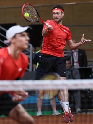 Belgian Joran Vliegen and Belgian Sander Gille pictured in action during a doubles tennis match against Bulgarian pair Donski Nesterov, match 3 of the qualifier of the Davis Cup on Sunday 08 February 2026, in Plovdiv, Bulgaria. Belgium will compete this weekend in the Davis Cup qualifiers against Bulgaria. BENOITxDOPPAGNE  x161937479x