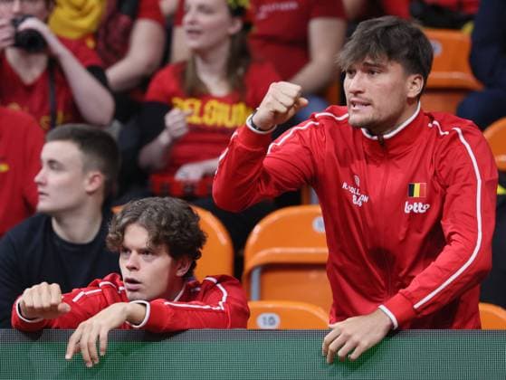 Belgian Alexander Blockx and Belgian Raphael Collignon cheer at a doubles tennis match between Bulgarian Donski Nesterov and Belgian Gille Vliegen, match 3 of the qualifier of the Davis Cup on Sunday 08 February 2026, in Plovdiv, Bulgaria. Belgium will compete this weekend in the Davis Cup qualifiers against Bulgaria. BENOITxDOPPAGNE  x161937629x