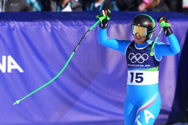 Sofia Goggia at the finish line of a women s downhill alpine skiing race at the 2026 Winter Olympics in Cortina, Italy, on Saturday, February 8, 2026.  Copyright: xDavidexSpada LaPressex