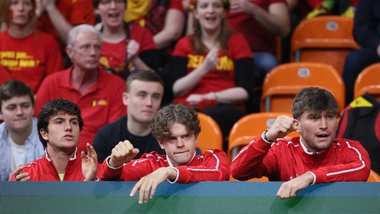 Belgian Gilles-Arnaud Bailly, Belgian Alexander Blockx and Belgian Raphael Collignon cheer at a doubles tennis match between Bulgarian Donski Nesterov and Belgian Gille Vliegen, match 3 of the qualifier of the Davis Cup on Sunday 08 February 2026, in Plovdiv, Bulgaria. Belgium will compete this weekend in the Davis Cup qualifiers against Bulgaria. BENOITxDOPPAGNE  x161938129x