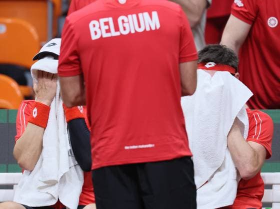 Belgian Joran Vliegen and Belgian Sander Gille pictured during a doubles tennis match against Bulgarian pair Donski Nesterov, match 3 of the qualifier of the Davis Cup on Sunday 08 February 2026, in Plovdiv, Bulgaria. Belgium will compete this weekend in the Davis Cup qualifiers against Bulgaria. BENOITxDOPPAGNE  x161938229x