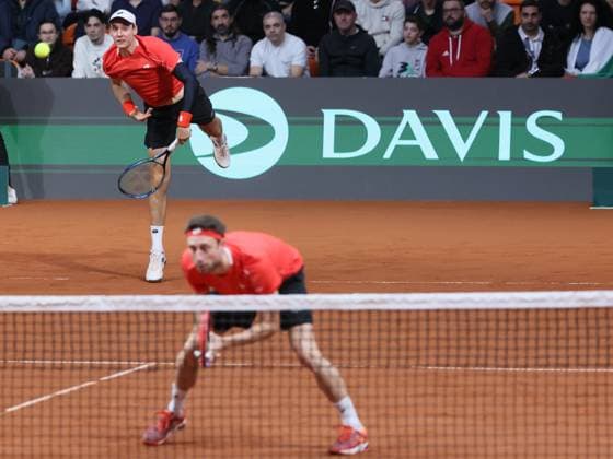 Belgian Joran Vliegen and Belgian Sander Gille pictured in action during a doubles tennis match against Bulgarian pair Donski Nesterov, match 3 of the qualifier of the Davis Cup on Sunday 08 February 2026, in Plovdiv, Bulgaria. Belgium will compete this weekend in the Davis Cup qualifiers against Bulgaria. BENOITxDOPPAGNE  x161939270x