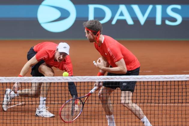 Belgian Joran Vliegen and Belgian Sander Gille pictured in action during a doubles tennis match against Bulgarian pair Donski Nesterov, match 3 of the qualifier of the Davis Cup on Sunday 08 February 2026, in Plovdiv, Bulgaria. Belgium will compete this weekend in the Davis Cup qualifiers against Bulgaria. BENOITxDOPPAGNE  x161939841x