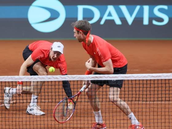 Belgian Joran Vliegen and Belgian Sander Gille pictured in action during a doubles tennis match against Bulgarian pair Donski Nesterov, match 3 of the qualifier of the Davis Cup on Sunday 08 February 2026, in Plovdiv, Bulgaria. Belgium will compete this weekend in the Davis Cup qualifiers against Bulgaria. BENOITxDOPPAGNE  x161939848x