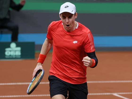 Belgian Joran Vliegen celebrates during a doubles tennis match between Bulgarian Donski Nesterov and Belgian Gille Vliegen, match 3 of the qualifier of the Davis Cup on Sunday 08 February 2026, in Plovdiv, Bulgaria. Belgium will compete this weekend in the Davis Cup qualifiers against Bulgaria. BENOITxDOPPAGNE  x161942077x