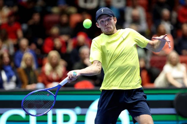 Davis Cup doubles qualifying tennis match on February 8, 2026, in Jihlava. Andre Goransson from Sweden. (CTKxPhoto LiborxPlihal) CTKPhotoP2026020803041  CTKPhotoP2026020803041