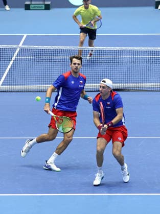 Davis Cup doubles qualifying tennis match on February 8, 2026, in Jihlava. Patrik Rikl of the Czech Republic (right) and Petr Nouza of the Czech Republic (left). (CTKxPhoto LiborxPlihal) CTKPhotoP2026020803042  CTKPhotoP2026020803042