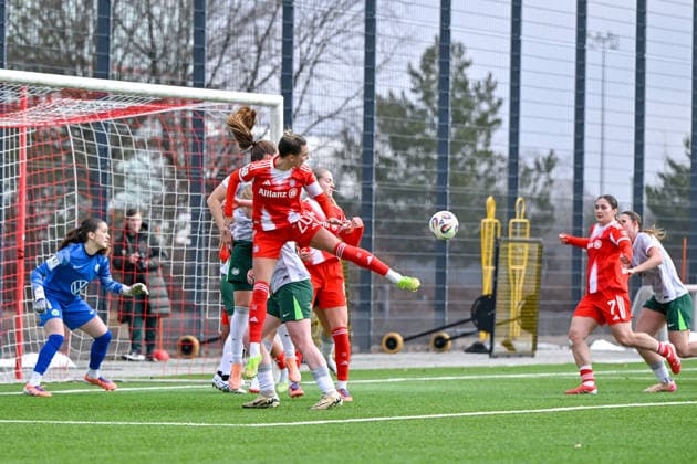 v li Jana Kappes FCB, 20 heads a corner kick to the feet of Elira Terakaj FCB, 7, who then shoots in to make it 1 1, 08 02 2026, Munich Germany , Football,2 Frauen Bundesliga, FC Bayern München II VfL Wolfsburg II, DFB DFL REGULATIONS PROHIBIT ANY USE OF PHOTOGRAPHS AS IMAGE SEQUENCES AND OR QUASI VIDEO xslx