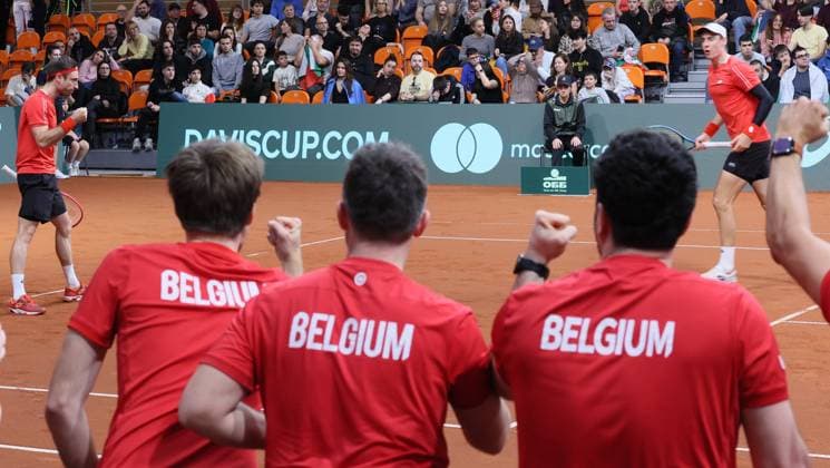 Belgian Joran Vliegen and Belgian Sander Gille pictured in action during a doubles tennis match against Bulgarian pair Donski Nesterov, match 3 of the qualifier of the Davis Cup on Sunday 08 February 2026, in Plovdiv, Bulgaria. Belgium will compete this weekend in the Davis Cup qualifiers against Bulgaria. BENOITxDOPPAGNE  x161943349x