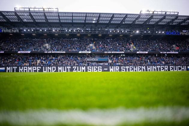 08 02 2026 Soccer, 2025 2026, 2 Bundesliga, 21 Matchday, DSC Arminia Bielefeld Eintracht Braunschweig Fans Bielefeld with choreography, choreo, choreography With fight and courage to victory We stand behind you DFL REGULATIONS PROHIBIT ANY USE OF PHOTOGRAPHS AS IMAGE SEQUENCES AND OR QUASI VIDEO