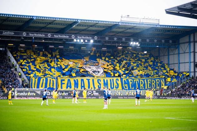 08 02 2026 Soccer, 2025 2026, 2 Bundesliga, 21 Matchday, DSC Arminia Bielefeld Eintracht Braunschweig Fans Braunschweig with choreography, choreo, choreography Driven by fanaticism DFL REGULATIONS PROHIBIT ANY USE OF PHOTOGRAPHS AS IMAGE SEQUENCES AND OR QUASI VIDEO