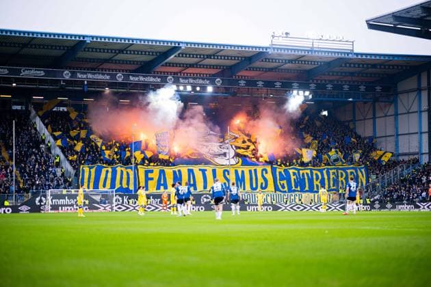 08 02 2026 Soccer, 2025 2026, 2 Bundesliga, 21 Matchday, DSC Arminia Bielefeld Eintracht Braunschweig Fans Braunschweig with choreography, choreo, choreography Driven by fanaticism DFL REGULATIONS PROHIBIT ANY USE OF PHOTOGRAPHS AS IMAGE SEQUENCES AND OR QUASI VIDEO