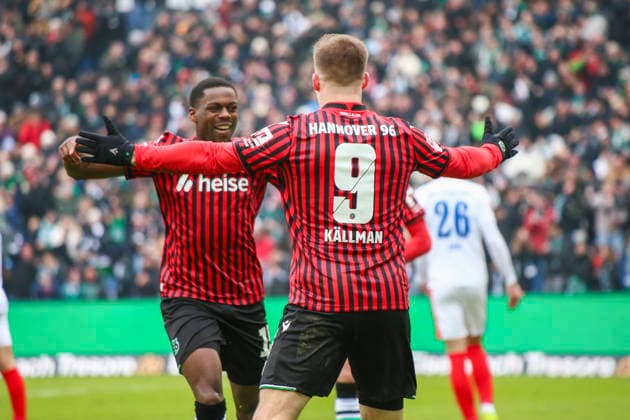 Germany Soccer 2 Bundesliga 2025 26, 21 Matchday Hannover 96 vs Holstein Kiel Heinz von Heiden Arena Stadion Hannover Goal celebration Benjamin Källman Benjamin Kallman Hannover 96, 9 NoÃ l AsÃ ko Noel Aseko Hannover 96, 15 Hannover Copyright: xAymanxAlahmedx