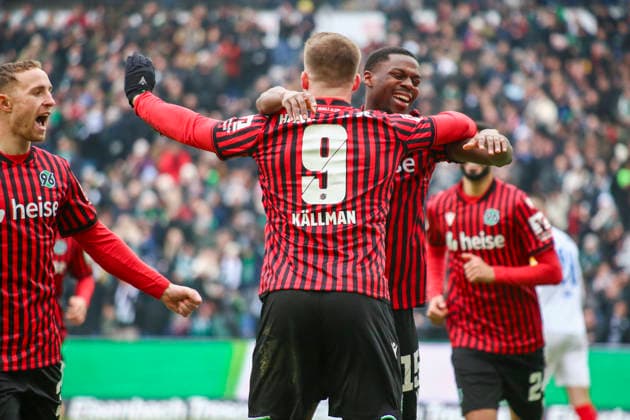 Germany Soccer 2 Bundesliga 2025 26, 21 Matchday Hannover 96 vs Holstein Kiel Heinz von Heiden Arena Stadion Hannover Goal celebration Benjamin Källman Benjamin Kallman Hannover 96, 9 NoÃ l AsÃ ko Noel Aseko Hannover 96, 15 Hannover Copyright: xAymanxAlahmedx