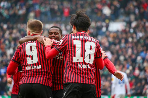 Germany Soccer 2 Bundesliga 2025 26, 21 Matchday Hannover 96 vs Holstein Kiel Heinz von Heiden Arena Stadion Hannover Goal celebration Benjamin Källman Benjamin Kallman Hannover 96, 9 NoÃ l AsÃ ko Noel Aseko Hannover 96, 15 Daisuke Yokota Hannover 96, 18 Maurice Neubauer Hannover 96, 33 Hannover Copyright: xAymanxAlahmedx