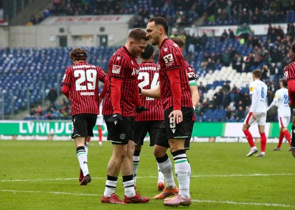 Germany Soccer 2 Bundesliga 2025 26, 21 Matchday Hannover 96 vs Holstein Kiel Heinz von Heiden Arena Stadion Hannover Goal celebration Benjamin Källman Benjamin Kallman Hannover 96, 9 Virgil GhiÅ£Äƒ Virgil Ghita Hannover 96, 5 Hannover Copyright: xAymanxAlahmedx