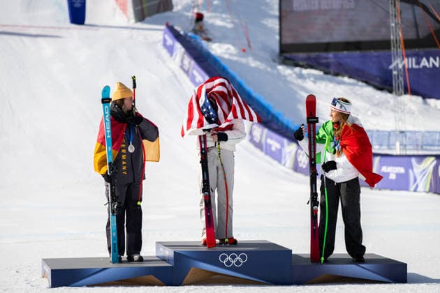 260208 Breezy Johnson of USA, Emma Aicher of Germany and Sofia Goggia of Italy during the medal ceremony after women s alpine skiing downhill during day 2 of the 2026 Winter Olympics on February 8, 2026 in Cortina. Photo: Jon Olav Nesvold BILDBYRAN COP 217 JM0784 bbeng alpint alpine skiing Olympic Games, Olympische Spiele, Olympia, OS olympics winter olympics os ol olympiska spel vinter-os olympiske leker milano cortina 2026 milan cortina 2026 milano cortina 2026 olympic games milano cortina 2026 winter olympic games milano cortina-os milano cortina-ol vinter-ol störtlopp downhill dam *** 260208 Breezy Johnson of USA, Emma Aicher of Germany and Sofia Goggia of Italy during the medal ceremony after women s alpine skiing downhill during day 2 of the 2026 Winter Olympics on February 8, 2026 in Cortina Photo Jon Olav Nesvold BILDBYRAN COP 217 JM0784 bbeng alpine alpine skiing olympic games olympics winter olympics os ol olympiska spel vinter os olympiske leker milano cortina 2026 milan cortina 2026 milan cortina 2026 olympic games milano cortina 2026 winter olympic games milano cortina os milano cortina ol vinter ol störtlopp downhill dam  Copyright: JONxOLAVxNESVOLD BB260208JE020