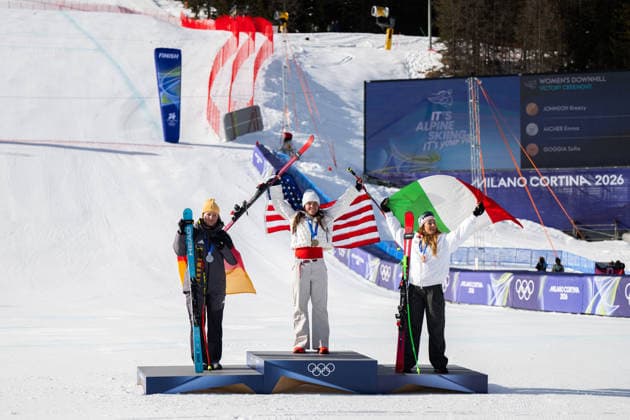 260208 Breezy Johnson of USA, Emma Aicher of Germany and Sofia Goggia of Italy celebrate during the medal ceremony after women s alpine skiing downhill during day 2 of the 2026 Winter Olympics on February 8, 2026 in Cortina. Photo: Jon Olav Nesvold BILDBYRAN COP 217 JM0784 bbeng alpint alpine skiing Olympic Games, Olympische Spiele, Olympia, OS olympics winter olympics os ol olympiska spel vinter-os olympiske leker milano cortina 2026 milan cortina 2026 milano cortina 2026 olympic games milano cortina 2026 winter olympic games milano cortina-os milano cortina-ol vinter-ol störtlopp downhill dam jubel *** 260208 Breezy Johnson of USA, Emma Aicher of Germany and Sofia Goggia of Italy celebrate during the medal ceremony after women s alpine skiing downhill during day 2 of the 2026 Winter Olympics on February 8, 2026 in Cortina Photo Jon Olav Nesvold BILDBYRAN COP 217 JM0784 bbeng alpine alpine skiing olympic games olympics winter olympics os ol olympiska spel vinter os olympiske leker milano cortina 2026 milan cortina 2026 milan cortina 2026 olympic games milano cortina 2026 winter olympic games milano cortina os milano cortina ol vinter ol störtlopp downhill dam jubel  Copyright: JONxOLAVxNESVOLD BB260208JE021