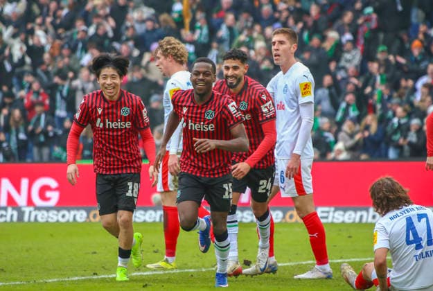 Germany Soccer 2 Bundesliga 2025 26, 21 Matchday Hannover 96 vs Holstein Kiel Heinz von Heiden Arena Stadion Hannover Goal celebration NoÃ l AsÃ ko Noel Aseko Hannover 96, 15 Elias Saad Hannover 96, 24 Daisuke Yokota Hannover 96, 18 Hannover Copyright: xAymanxAlahmedx