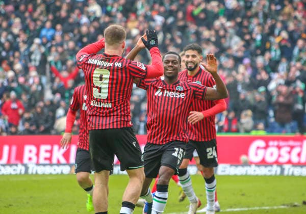 Germany Soccer 2 Bundesliga 2025 26, 21 Matchday Hannover 96 vs Holstein Kiel Heinz von Heiden Arena Stadion Hannover Goal celebration NoÃ l AsÃ ko Noel Aseko Hannover 96, 15 Elias Saad Hannover 96, 24 Daisuke Yokota Hannover 96, 18 Benjamin Källman Benjamin Kallman Hannover 96, 9 Hannover Copyright: xAymanxAlahmedx