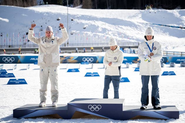 260208 Mathis Desloges of France, Johannes Hosflot Klaebo of Norway and Martin Lowstrom Nyenget of Norway celebrate on the podium after the men s 20 km cross-country skiing skiathlon during day 2 of the 2026 Winter Olympics on February 8, 2026 in Val di Fiemme. Photo: Maxim Thore BILDBYRAN kod MT MT0964 skidor cross-country skiing langrenn Olympic Games, Olympische Spiele, Olympia, OS olympics winter olympics os ol olympiska spel vinter-os olympiske leker milano cortina 2026 milan cortina 2026 milano cortina 2026 olympic games milano cortina 2026 winter olympic games milano cortina-os milano cortina-ol vinter-ol 2 bbeng herr skiathlon frankrike norge jubel *** 260208 Mathis Desloges of France, Johannes Hosflot Klaebo of Norway and Martin Lowstrom Nyenget of Norway celebrate on the podium after the men s 20 km cross country skiing skiathlon during day 2 of the 2026 Winter Olympics on February 8, 2026 in Val di Fiemme Photo Maxim Thore BILDBYRAN kod MT MT0964 skidor cross country skiing langrenn olympic games olympics winter olympics os ol olympiska spel vinter os olympiske leker milano cortina 2026 milan cortina 2026 milano cortina 2026 olympic games milano cortina 2026 winter olympic games milano cortina os milano cortina ol vinter ol 2 bbeng herr skiathlon frankrike norge jubel  Copyright: MAXIMxTHORE BB260208MT053