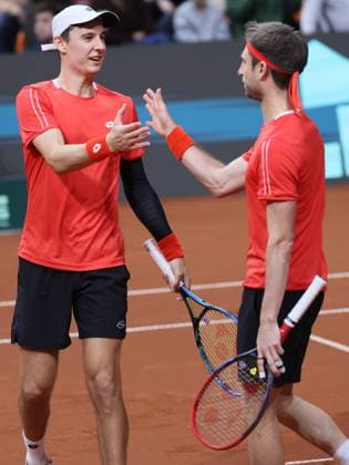 Belgian Joran Vliegen and Belgian Sander Gille celebrate after winning a doubles tennis match against Bulgarian pair Donski Nesterov, match 3 of the qualifier of the Davis Cup on Sunday 08 February 2026, in Plovdiv, Bulgaria. Belgium will compete this weekend in the Davis Cup qualifiers against Bulgaria. BENOITxDOPPAGNE  x161947452x