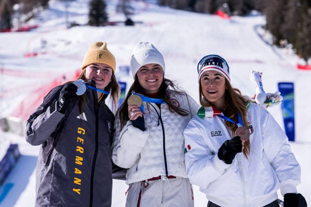 CORTINA, ITALY - FEBRUARY 8: The Podium Silver Emma Aicher (Germany), Gold Breezy Johnson (USA), Bronze Sofia Goggia (Italy) during the medal ceremony of the Alpine Skiing Women™s Downhill at the Milano Cortina 2026 Olympics at Tofane Alpine Skiing Centre on day 3 of the Milano Cortina 2026 Olympics on February 8, 2026 in Cortina, Italy. Editorial use only. Venezia Italy Copyright: xSteffiexWunderlx