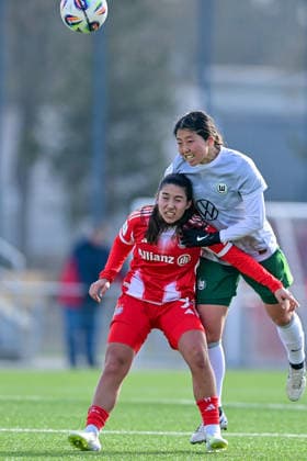 v li Paula Rintzner FCB, 9 Hitomi Yamaue Wolfsburg, 23 in duel, duel, tackle, dynamic, action, action, 08 02 2026, Munich Germany , Football,2 Women Bundesliga, FC Bayern München II VfL Wolfsburg II, DFB DFL REGULATIONS PROHIBIT ANY USE OF PHOTOGRAPHS AS IMAGE SEQUENCES AND OR QUASI VIDEO xslx