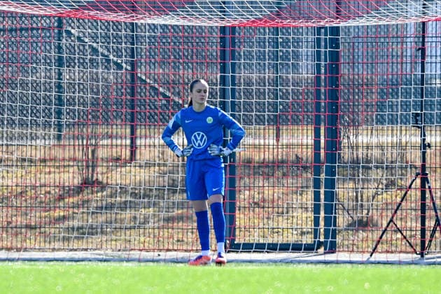 Nelly Smolarczyk Goalkeeper, Wolfsburg, 12 after the goal to 3 2 looking disappointed, disappointment, frustration, disappointed, pessimistic, cropped, single image, action, action, 08 02 2026, Munich Germany , Football,2 Women Bundesliga, FC Bayern München II VfL Wolfsburg II, DFB DFL REGULATIONS PROHIBIT ANY USE OF PHOTOGRAPHS AS IMAGE SEQUENCES AND OR QUASI VIDEO xslx