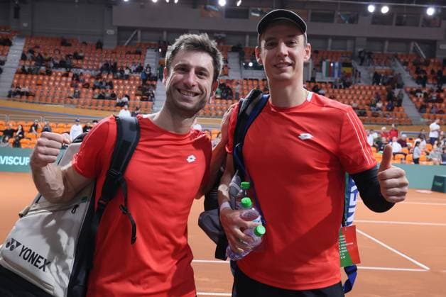 Belgians Sander Gille and Joran Vliegen celebrate after winning a doubles tennis match against Bulgarian pair Donski Nesterov, match 3 of the qualifier of the Davis Cup on Sunday 08 February 2026, in Plovdiv, Bulgaria. Belgium will compete this weekend in the Davis Cup qualifiers against Bulgaria. BENOITxDOPPAGNE  x161948013x