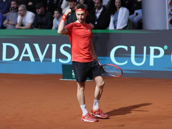 Belgian Sander Gille celebrates during a doubles tennis match between Bulgarian Donski Nesterov and Belgian Gille Vliegen, match 3 of the qualifier of the Davis Cup on Sunday 08 February 2026, in Plovdiv, Bulgaria. Belgium will compete this weekend in the Davis Cup qualifiers against Bulgaria. BENOITxDOPPAGNE  x161949196x