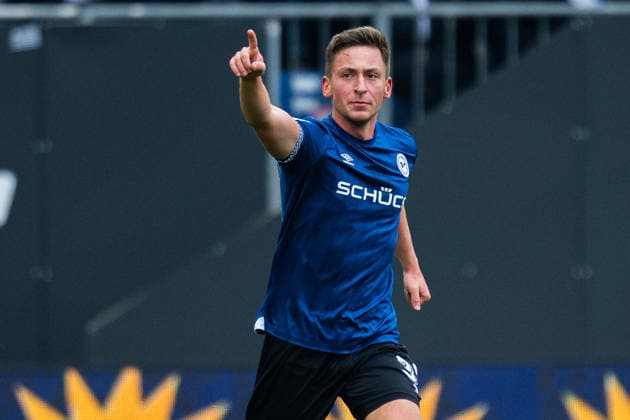 08 02 2026 Soccer, 2025 2026, 2 Bundesliga, Matchday 21, DSC Arminia Bielefeld Eintracht Braunschweig Marius Wörl Bielefeld cheers after his goal for 2 2 DFL REGULATIONS PROHIBIT ANY USE OF PHOTOGRAPHS AS IMAGE SEQUENCES AND OR QUASI VIDEO