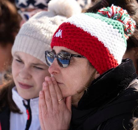 February 8, 2026, Cortina D ampezzo, Belluno, Italy: A skiing fan reacts in shock as the replay of the Lindsey Vonn fall on the Alpine Skiing womenÃ¢â‚¬â ¢s downhill screen plays Sunday on the Tofane Alpine course during the 2026 Winter Olympics Sunday in Cortina d Ampezzo. Cortina D ampezzo Italy - ZUMAa35_ 20260208_oly_a35_007 Copyright: xDanielxA.xAndersonx
