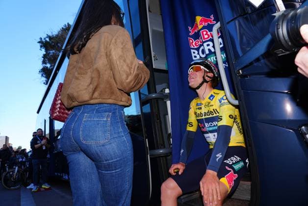 Belgian Remco Evenepoel and his wife Oumaima Oumi Rayane pictured at the start of the final stage of the 2026 Volta Comunitat Valenciana, Tour of Valencia cycling race, a race from Betera to Valencia (93,8 km), on Sunday 08 February 2026 in Spain. The race takes place from 4 to 8 February and runs through the three provinces of the Valencian Community. JOMAxGARCIA  x161950180x