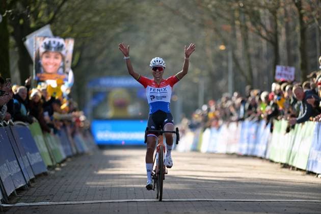 Dutch Ceylin Del Carmen Alvarado celebrates as she crosses the finish line to win the women s Elite race of the Krawatencross cyclocross in Lille, the seventh stage (out of 8) in the X2O Badkamers Trofee competition, on Sunday 08 February 2026. DAVIDxPINTENS  x161950669x