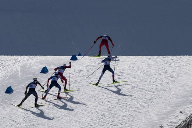 OLYMPICS - Winter Olympic Games, Olympische Spiele, Olympia, OS Milano Cortina 2026 VAL DI FIEMME,ITALY,08.FEB.26 - OLYMPICS, CROSS COUNTRY SKIING - Winter Olympic Games Milano Cortina 2026, 10km, 10km Skiathlon, men. Image shows Savelii Korostelev (AIN), Hugo Lapalus (FRA), Martin Loewstroem Nyenget (NOR), Mathis Desloges (FRA) and Johannes Hoesflot Klaebo (NOR) at the last hill before the finish.  GEPAxpictures xOliverxLerch